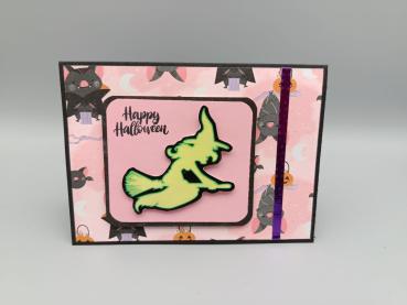 Leuchtende Halloween-Grüße: Handgemachte Karte mit Neon-Hexe